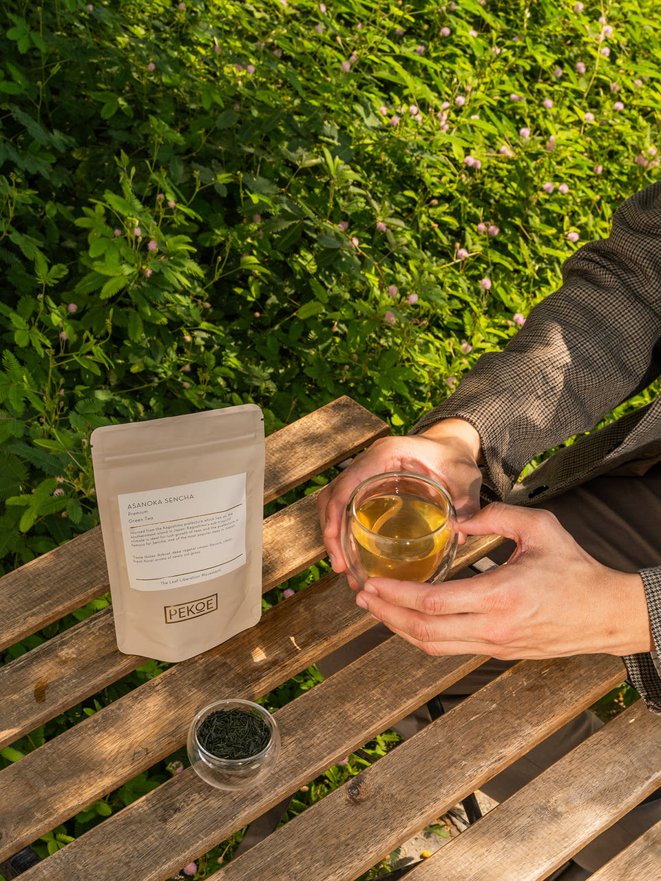 Jar of organic matcha on light background